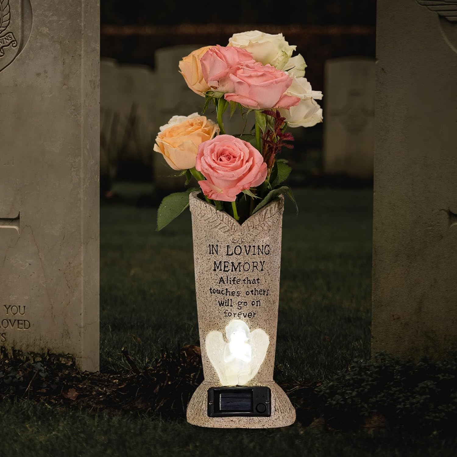 Solar Memorial Cemetery Flower Vase with LED for Fresh/Artificial Cemetery Grave Decorations Angel Statue Vase with