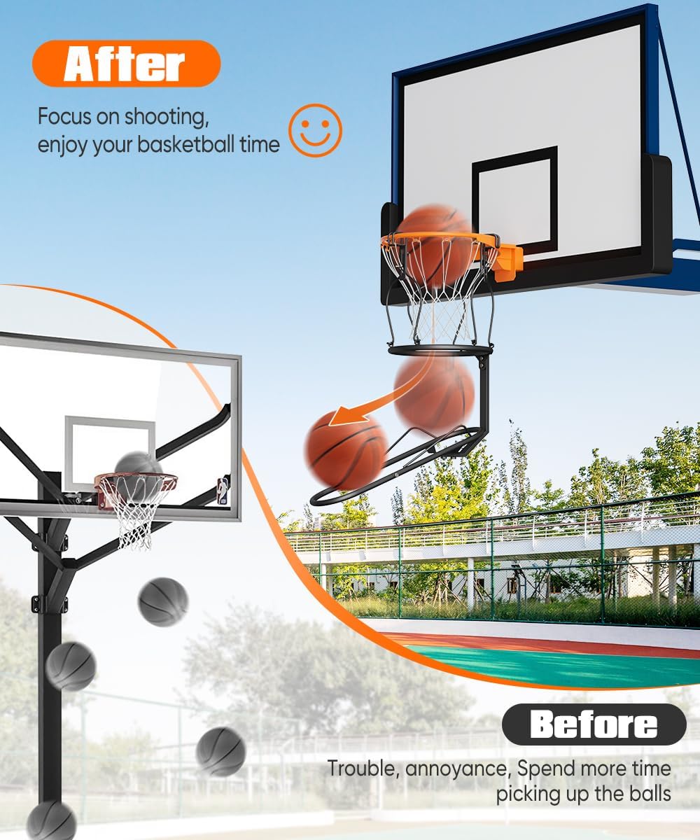 Basketball Return Attachment, 180° Rotatable Basketball Rebounder with 3 Stable Large Hooks for 18" Rim, Basketball