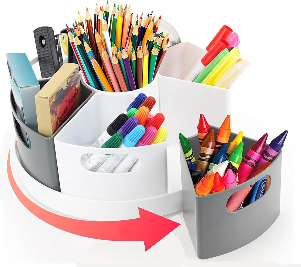 Rotating Art Supply Organizer Storage Caddy for Kids, 7 Bins Craft Crayon Marker Organizers for School Desk, Lazy