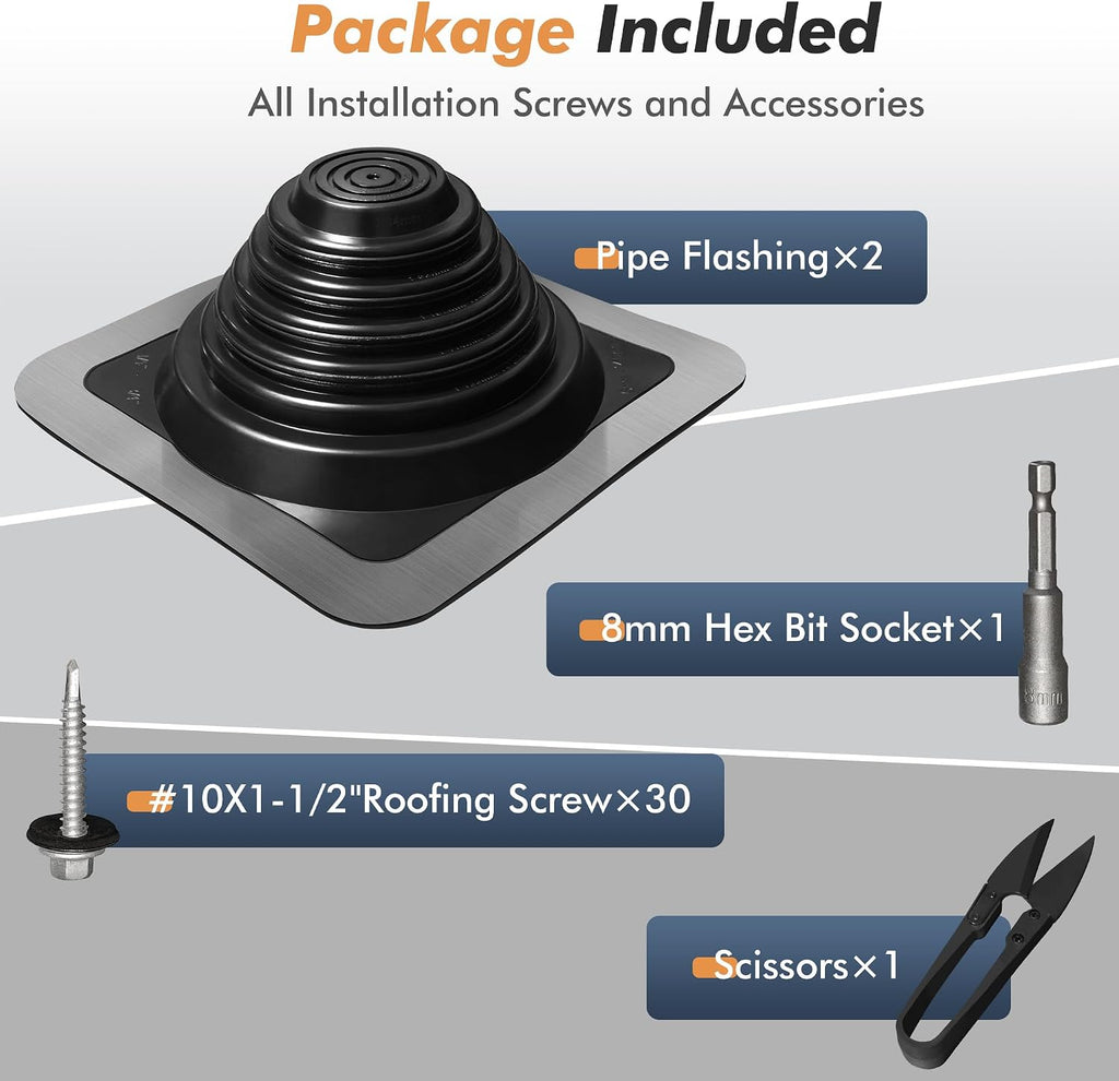 #3 Metal Roof Vents Flashing, Roofing Boots Kit for Houses Fits Pipe Od 1/4" to 5-3/4", Epdm Flexible Roof Jacks for