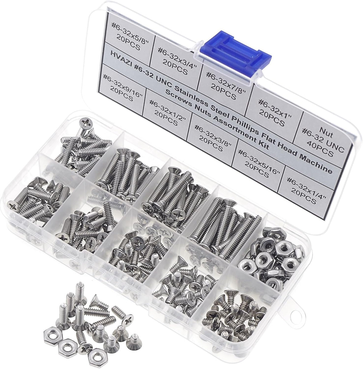 #6-32 UNC Stainless Steel Phillips Flat Head Machine Screws Nuts Kit