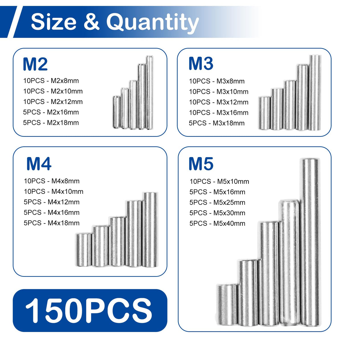 150Pcs Stainless Steel Dowel Pin Assortment Kit, 20 Sizes(M2, M3, M4, M5)