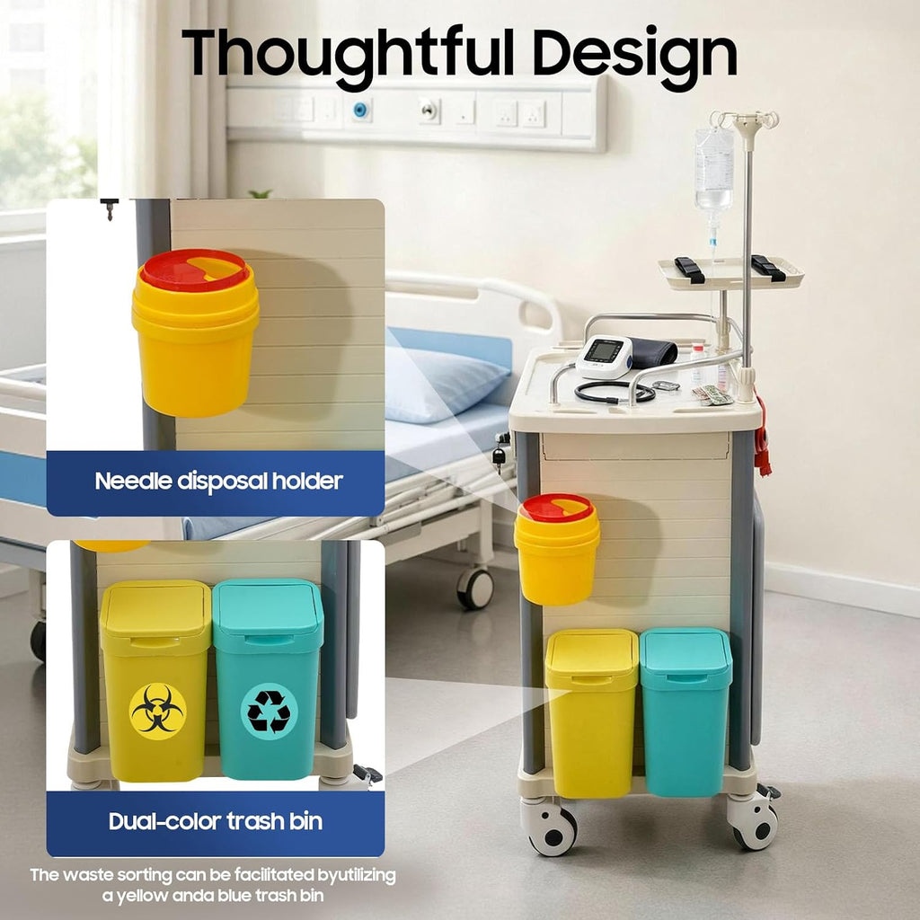 Medical Rolling Crash Cart with Accessories-CPR Board, 2 Trash Bin, Power Strip, Drawers with Dividers, Mobile
