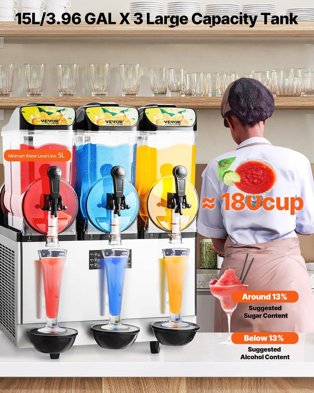 Commercial Slushie Machine 15Lx3 Triple Tank Margarita Drink 180Cups