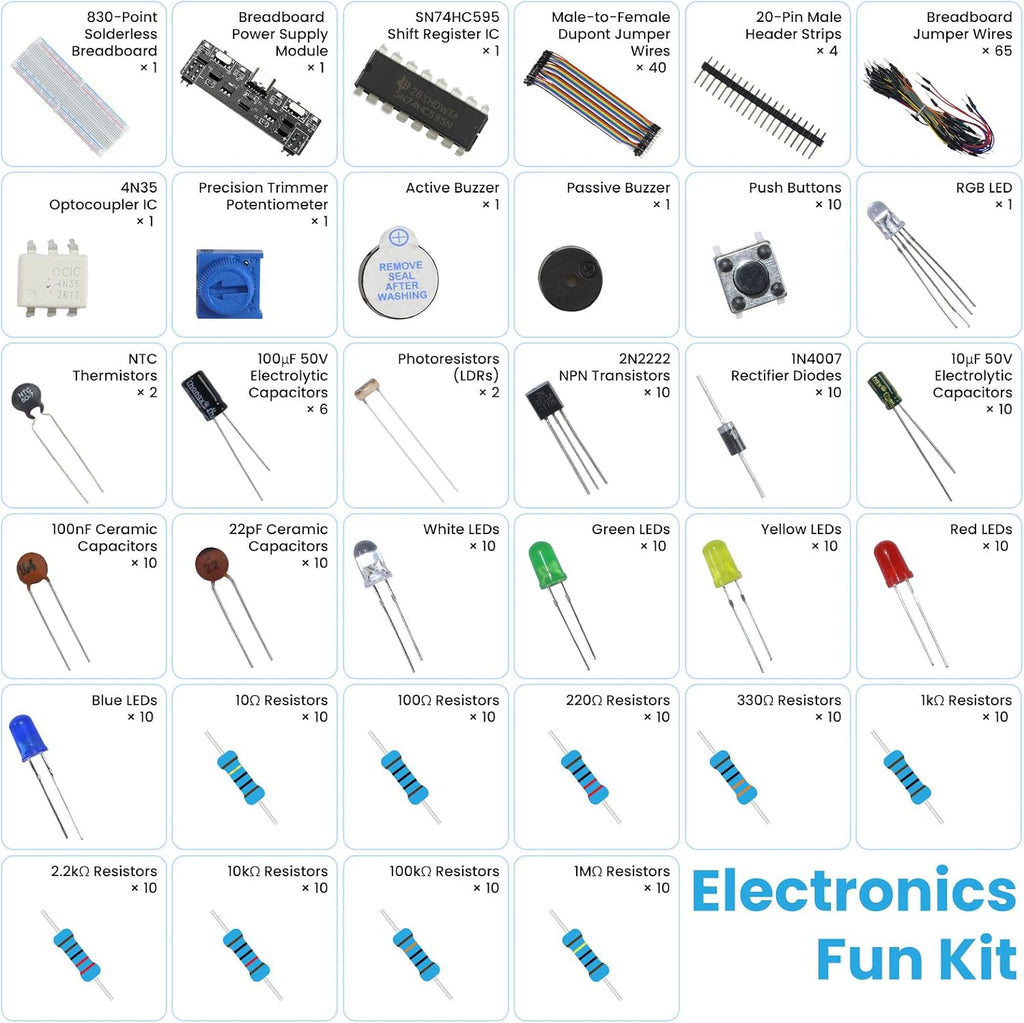 380 PCS Electronics Starter Kit with 830-Point Breadboard, USB Power Supply Module, Breadboard Kit Compatible with Arduino, ESP32, Raspberry Pi & STM32