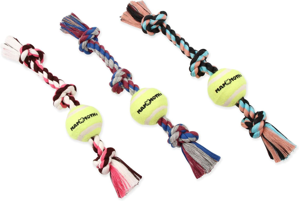 Mammoth Flossy Chews Color 3 Knot Tug w/Standard Tennis Ball – Premium Cotton-Poly Tug Toy for Dogs, Interactive Rope