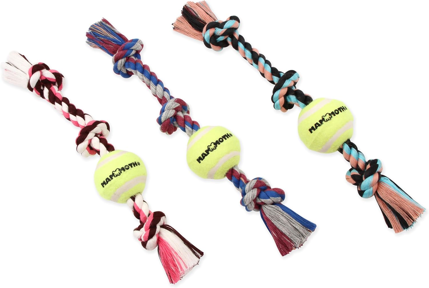 Mammoth Flossy Chews Color 3 Knot Tug w/Standard Tennis Ball – Premium Cotton-Poly Tug Toy for Dogs, Interactive Rope