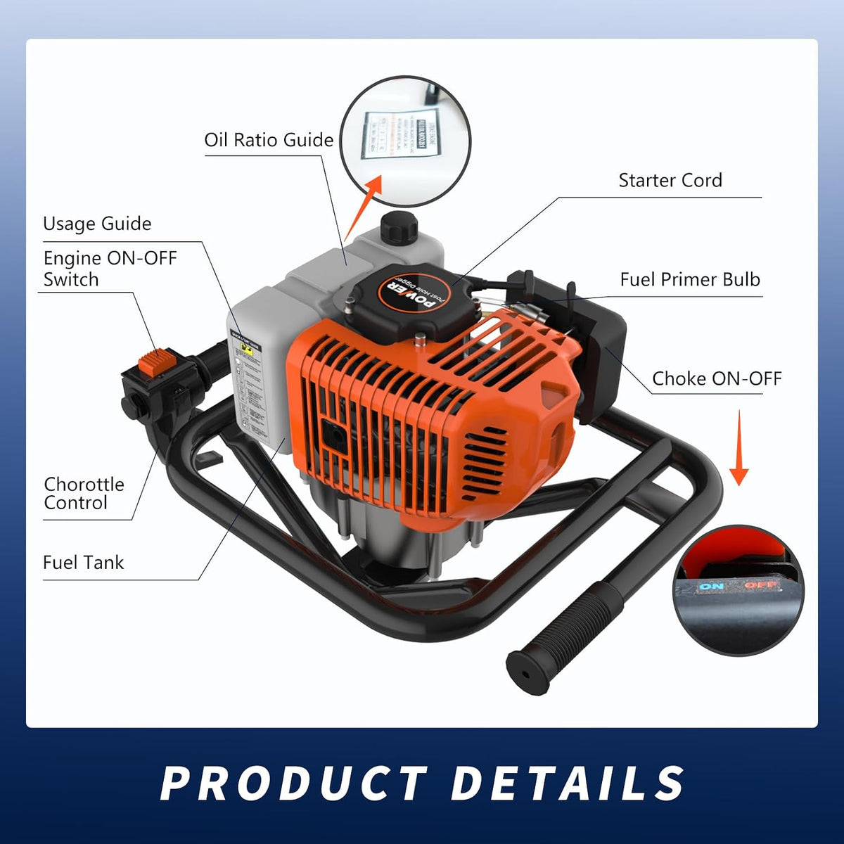 62cc 2-Stroke Auger Post Hole Digger with 2 Extension Rods & 6" & 8" Auger Bits - Gas Powered Earth Auger for