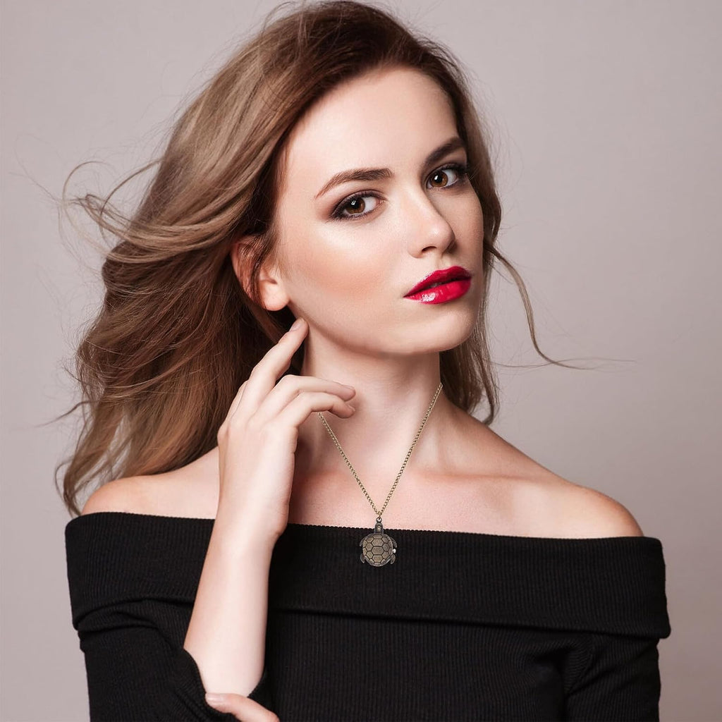Vintage Pocket Watch - Cute Turtle Pendant Pocket Watch with Chain Quartz Novelty Necklace Retro Pendant ES for Women