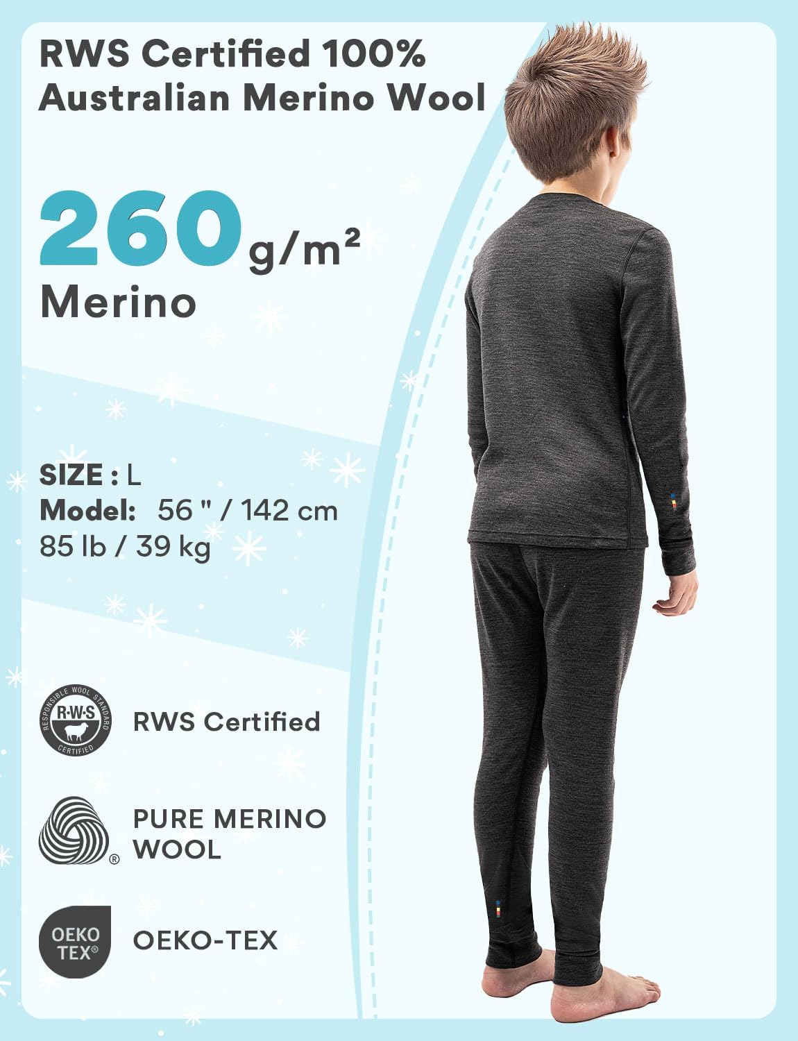100% Merino Wool Base Layer Set Kids Boys Thermal Underwear Long Johns Fleece Lined Cold Weather Skiing Hiking