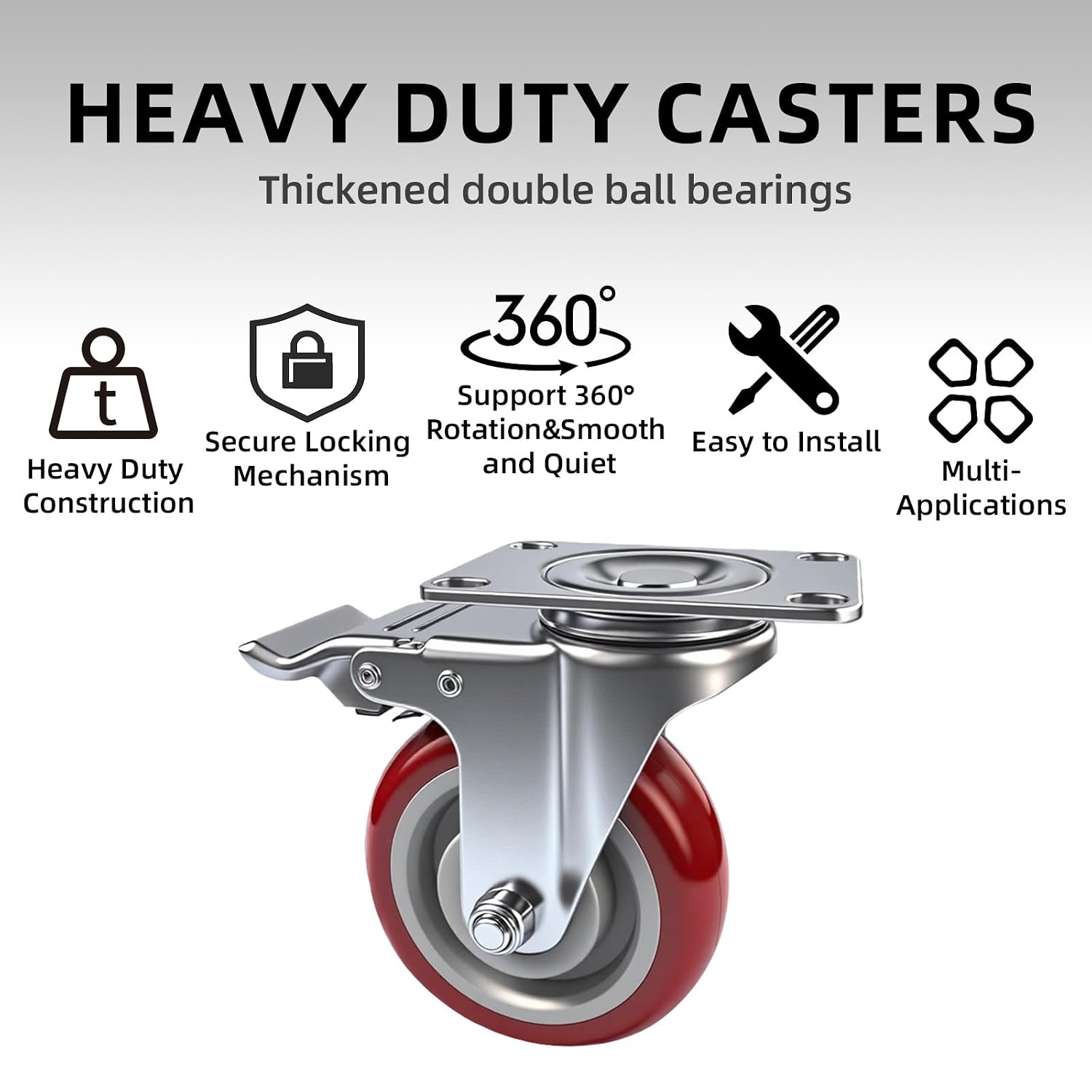 4 Inch Casters Set of 4 Heavy Duty with Brakes,Load 2200lbs | Lockable 360-degree Swivel Plate Caster Wheels for