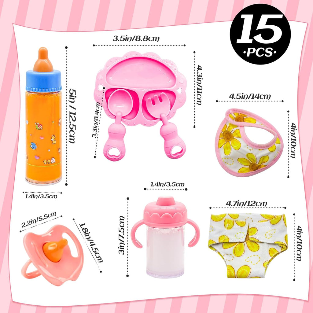 15 PCS Baby Doll Accessories Magic Bottle Set,Pretend Play Feeding Toys,Doll Feeding Set with Package for