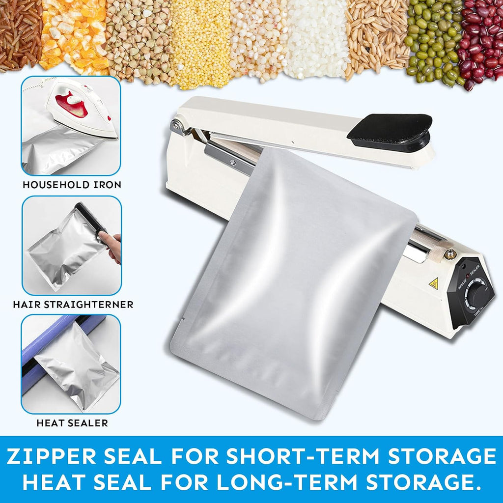 Mylar Bags 1Gallon 100PCS 14"X10" for Food Storage with Oxygen Absorbers&Labels,10Mil Thick Resealable Zipper&Heat