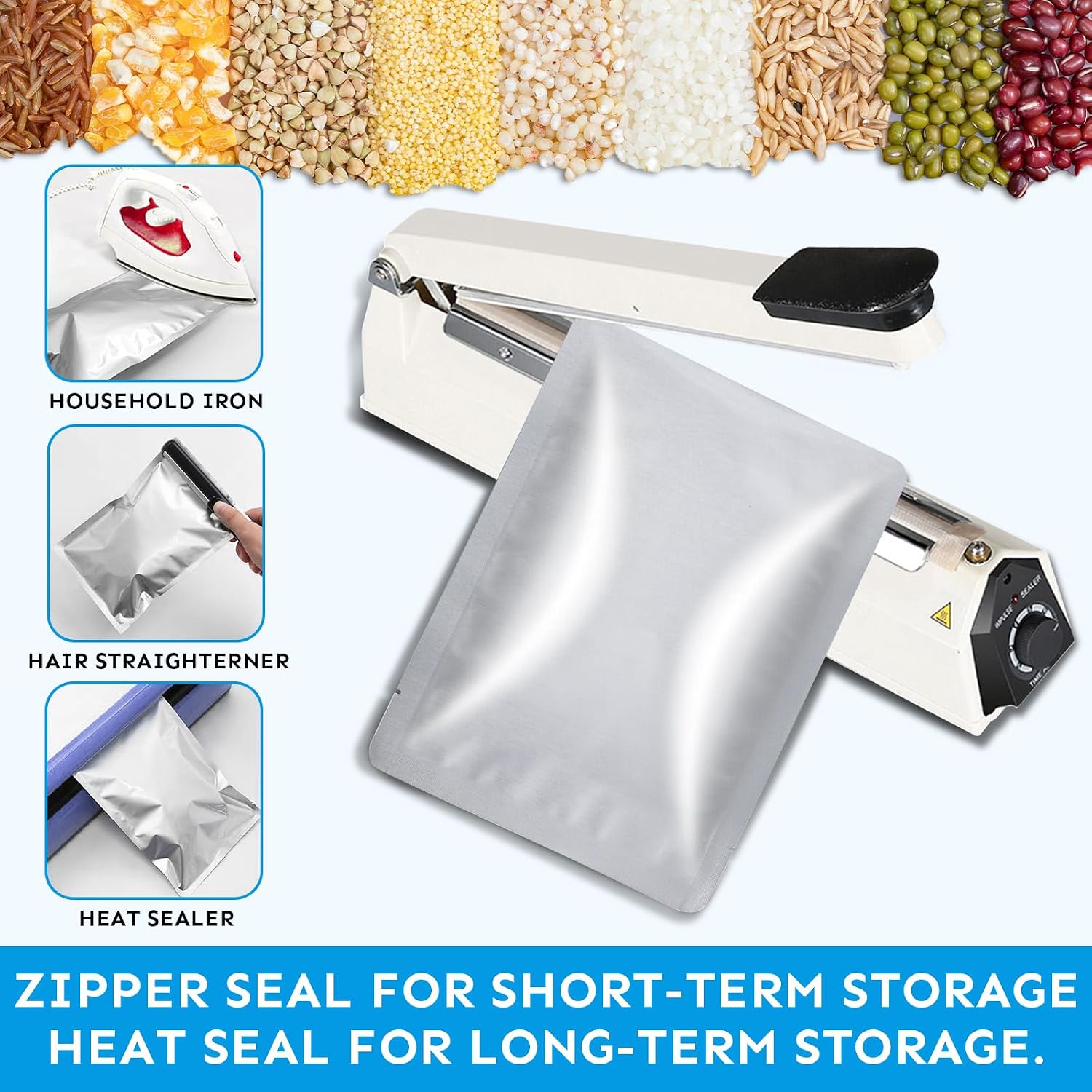 Mylar Bags 1Gallon 100PCS 14"X10" for Food Storage with Oxygen Absorbers&Labels,10Mil Thick Resealable Zipper&Heat