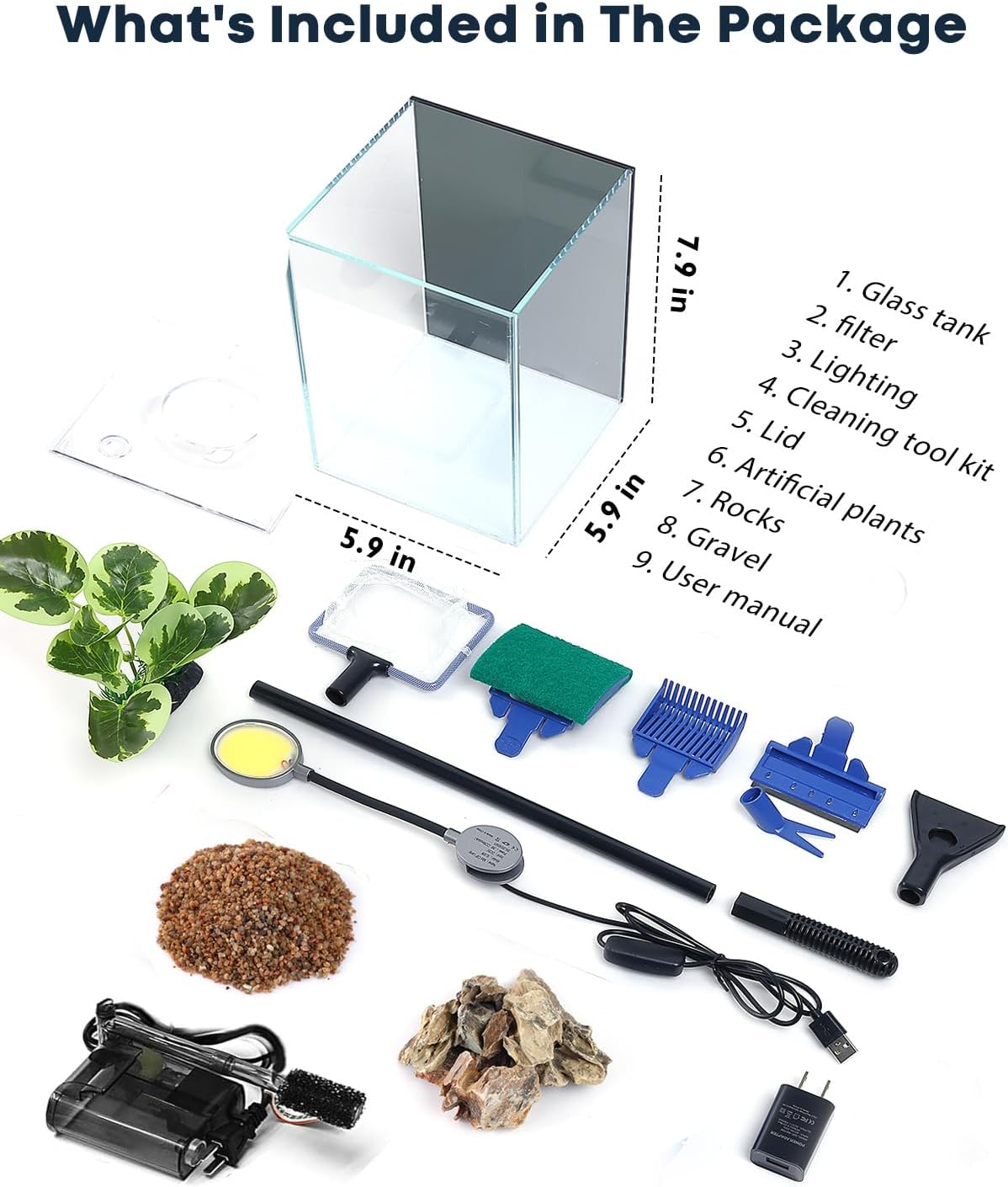 1.25 Gallon Fish Tank Small Glass Aquarium Kit Starter Set Dark Background