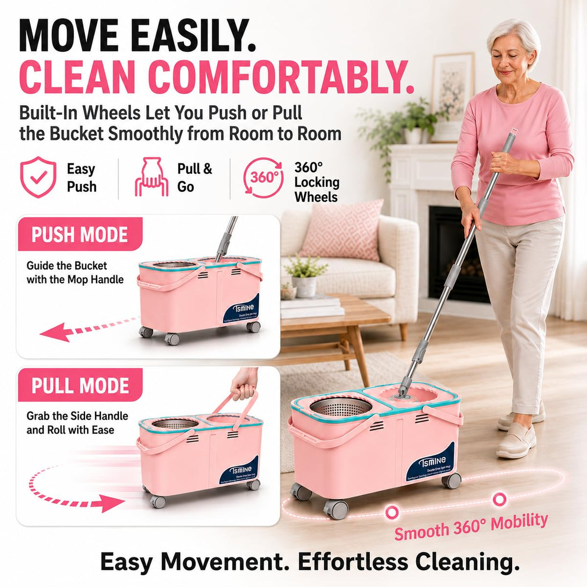 Easy-Use Gen 2 Mop Bucket, Clean/Dirty Water Separation, Pink