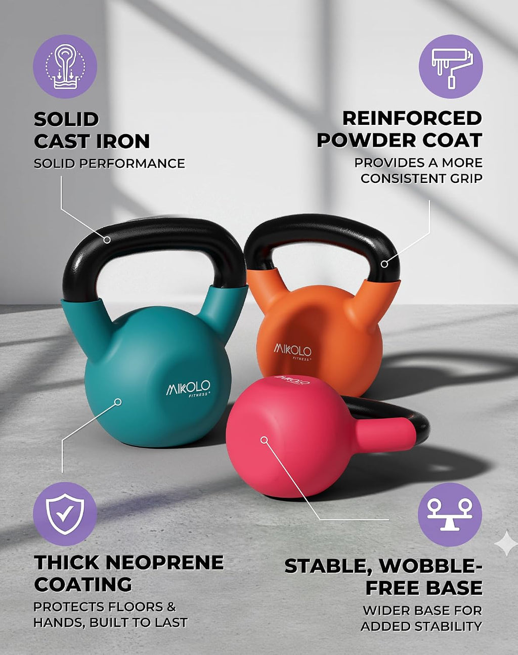 Neoprene Coated Cast Iron Kettlebells 5-30LB Set, Solid Weight Set with Wide Grip Handle and Flat Bottom, Ideal for