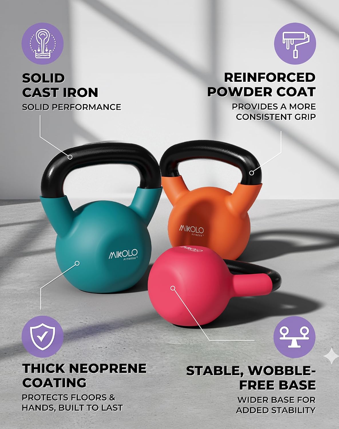 Neoprene Coated Cast Iron Kettlebells 5-30LB Set, Solid Weight Set with Wide Grip Handle and Flat Bottom, Ideal for