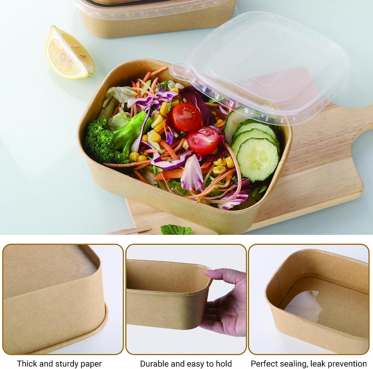 50 Sets 25oz Disposable Kraft Paper Bowls with Lids, Rectangle