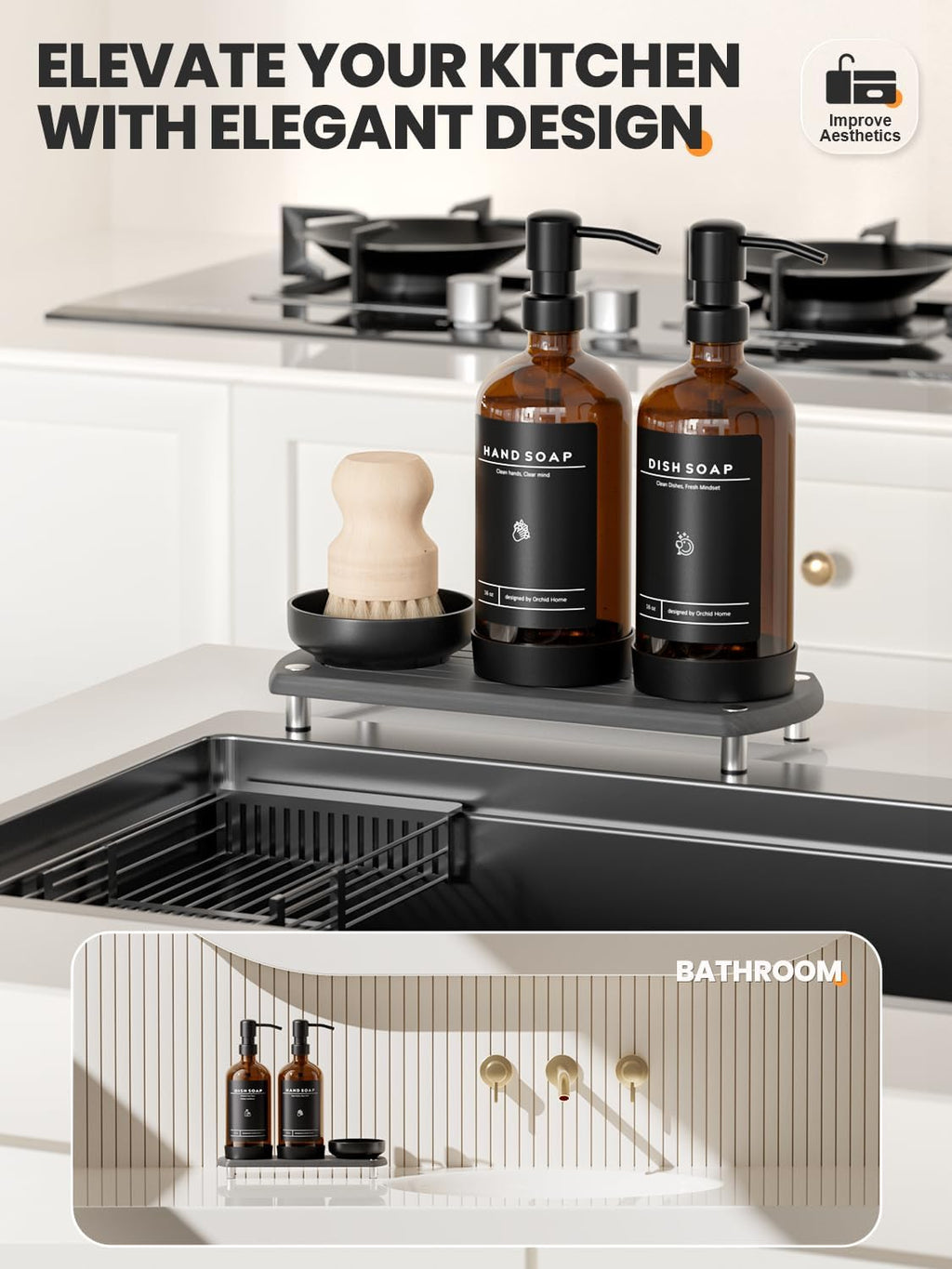 [Luxury] Kitchen Soap Dispenser Set - 16OZ Amber Glass Bottle, Stainless Steel Pump, Instant Dry Tray, Waterproof