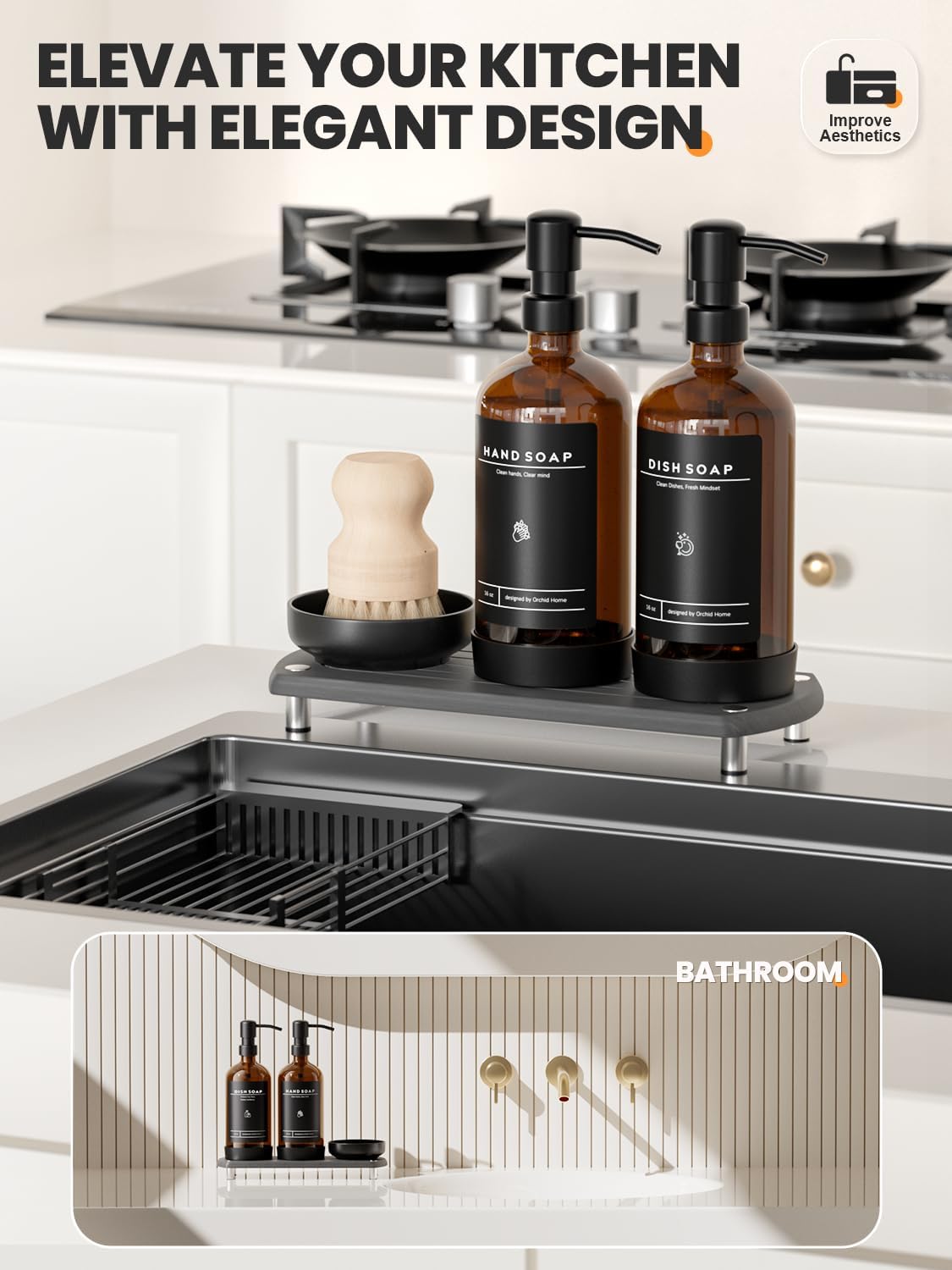 [Luxury] Kitchen Soap Dispenser Set - 16OZ Amber Glass Bottle, Stainless Steel Pump, Instant Dry Tray, Waterproof