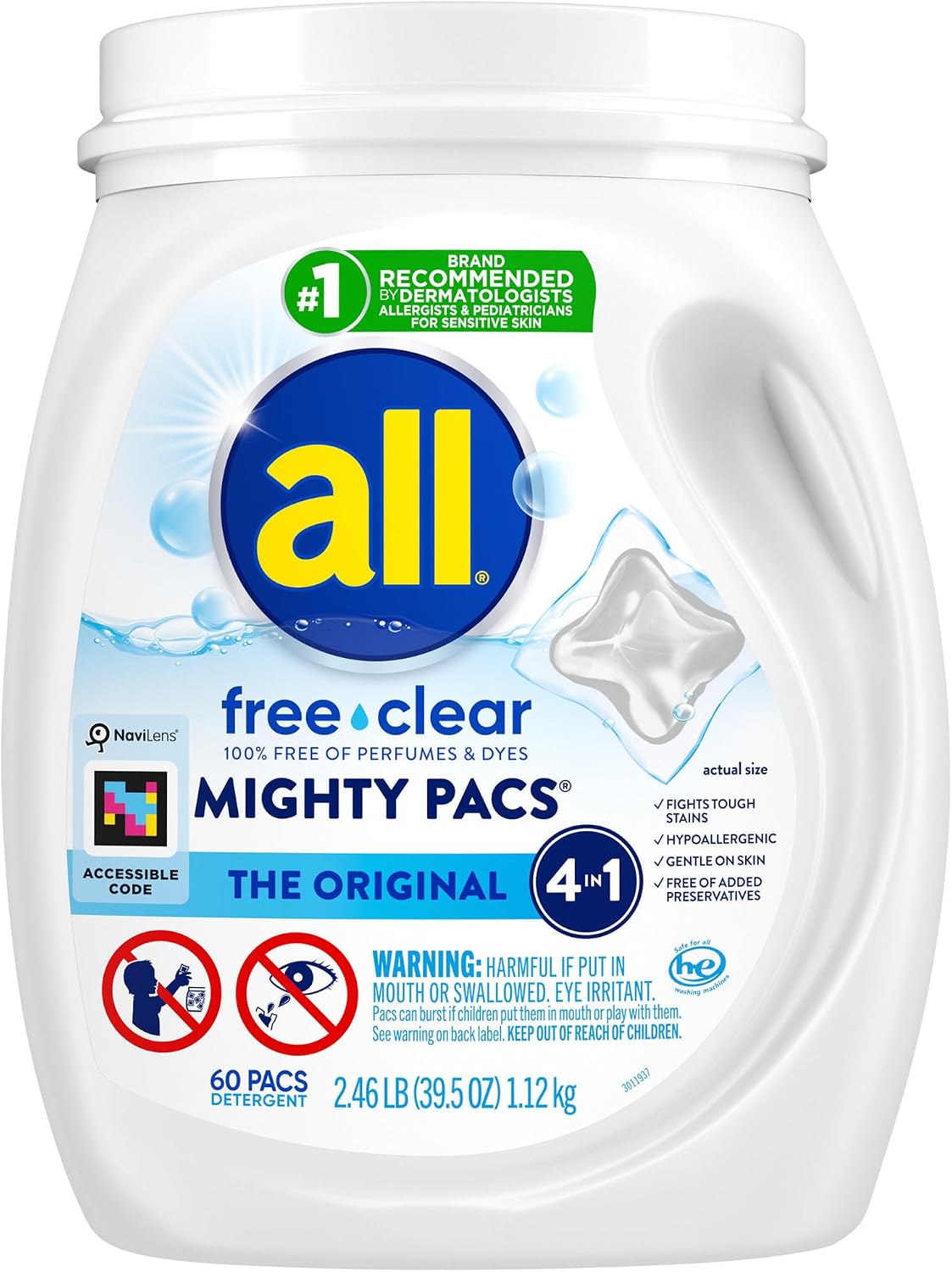 Unit Dose Laundry Detergent, Mighty Pacs, Free Clear, 60 Count