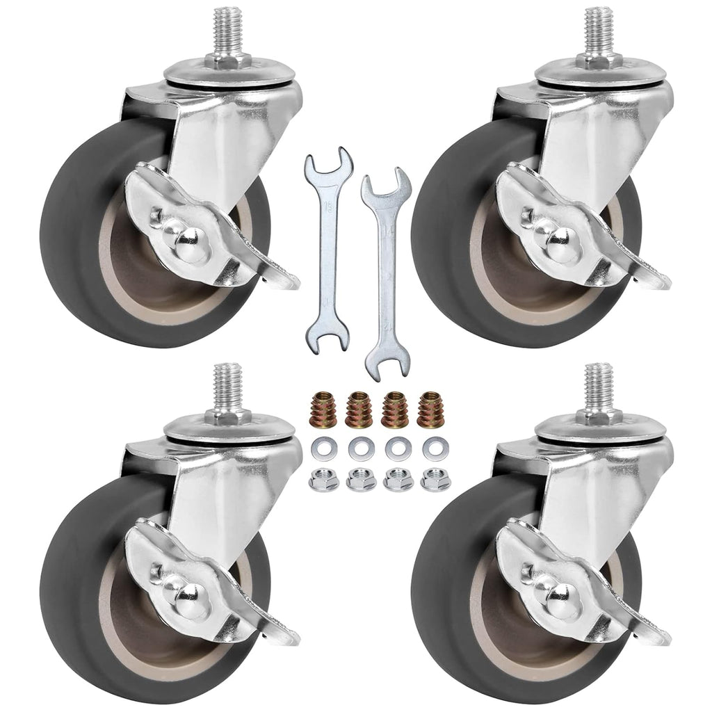 Caster Wheels, 3 Inch Stem Casters Set of 4, Heavy Duty Swivel Wheel with Brake, Metric Size M8-1.25-15 (Screw