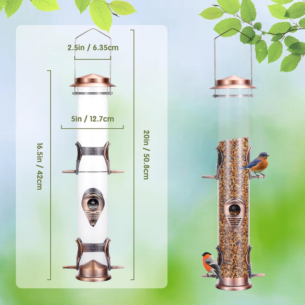 1PK Metal Wild Bird Feeder,Squirrel Proof Bird Feeders for Outside,Hanging 6 Port Tube Bird Feeder,Finch Bird Feeder