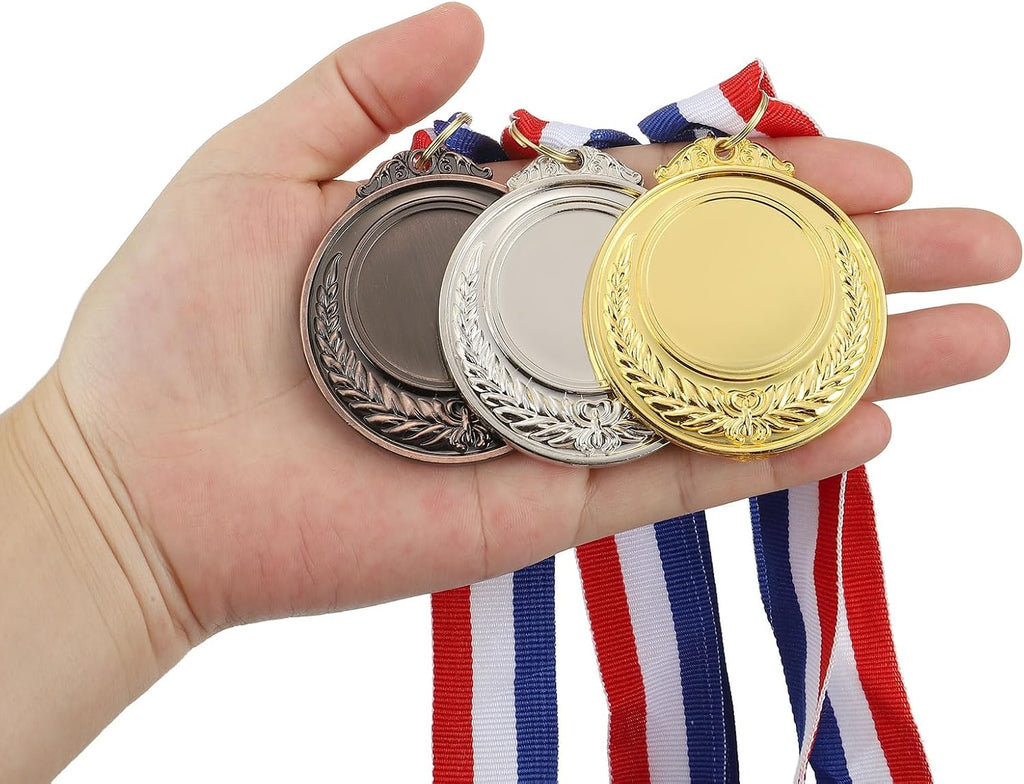 Blank Award Medals Gold Silver Bronze Award Medal Neck Ribbon 15Pcs | Make Your Kit, Winner Prize for Sports Games