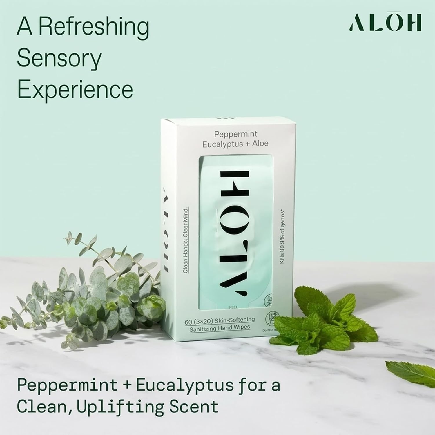 ALŌH Peppermint Eucalyptus + Aloe Hand Sanitizer Wipes, Travel Size | Clean Hands, Clear Mind, On The Go for Kids and