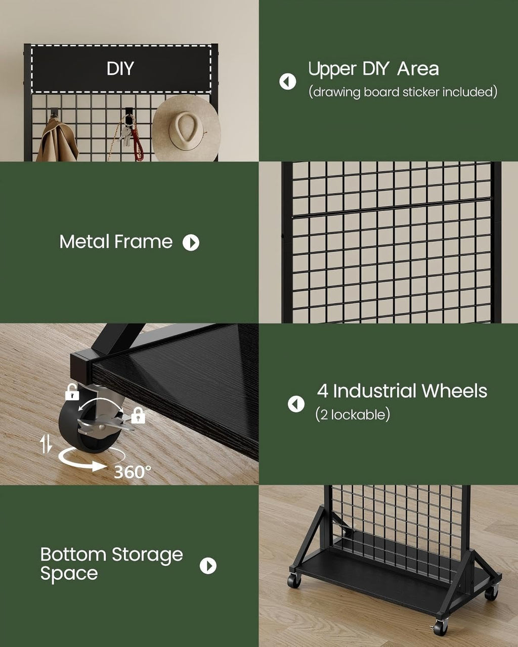 Grid Wall Panel, 2’ x 5.7’ Ft Floor Standing Gridwall Display Rack, Retail Display Stand, with 4 S-Shaped Hooks and 4