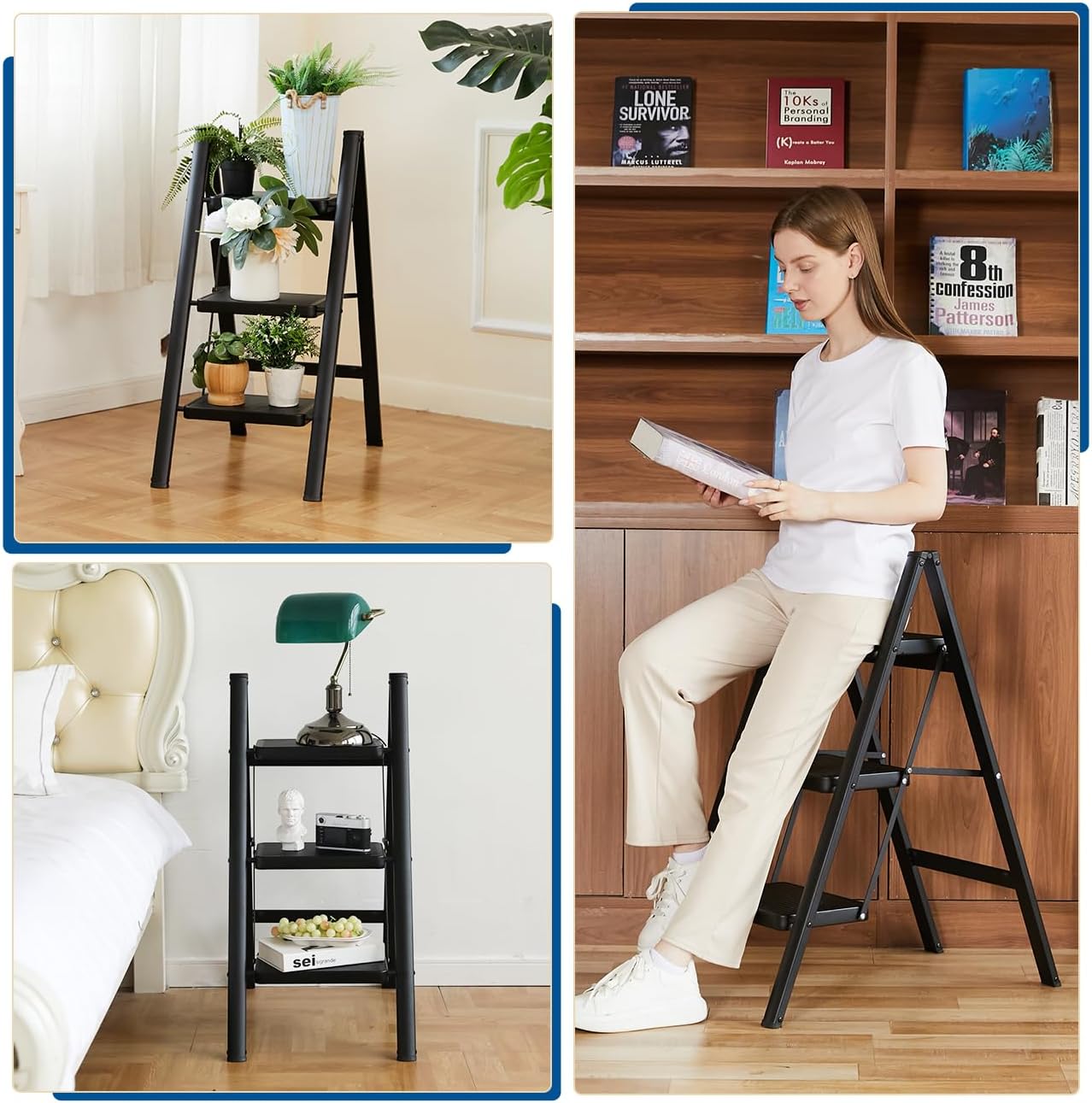 Folding 3 Step Ladder, Sturdy 330 Lbs Load Small Step Stool for Adults, Safer Full Steel Multi-use Kitchen Ladder for