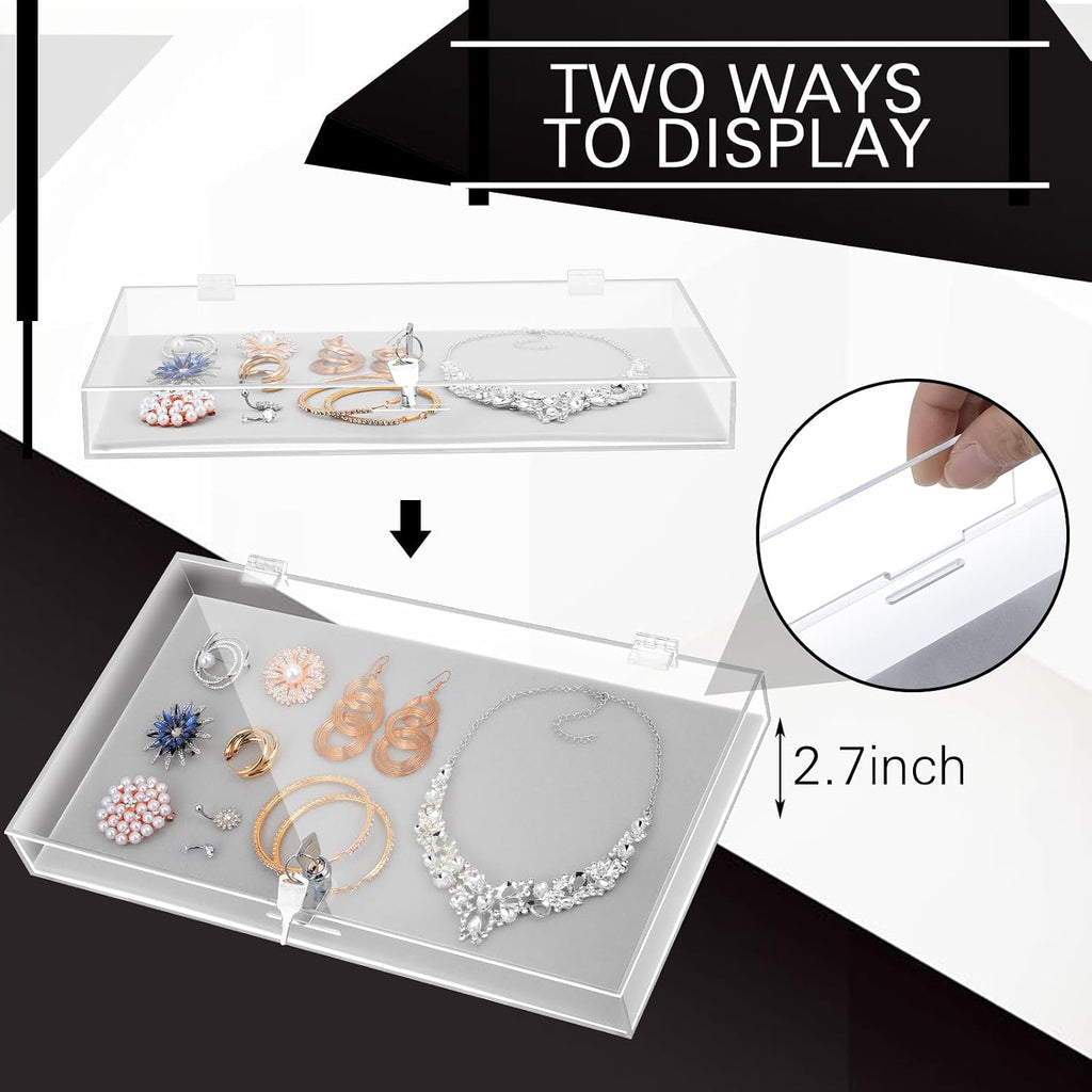 2 Pcs Acrylic Locking Jewelry Display Case Clear Ring Earring Necklace Bracelet Security Showcase with Lock and Key