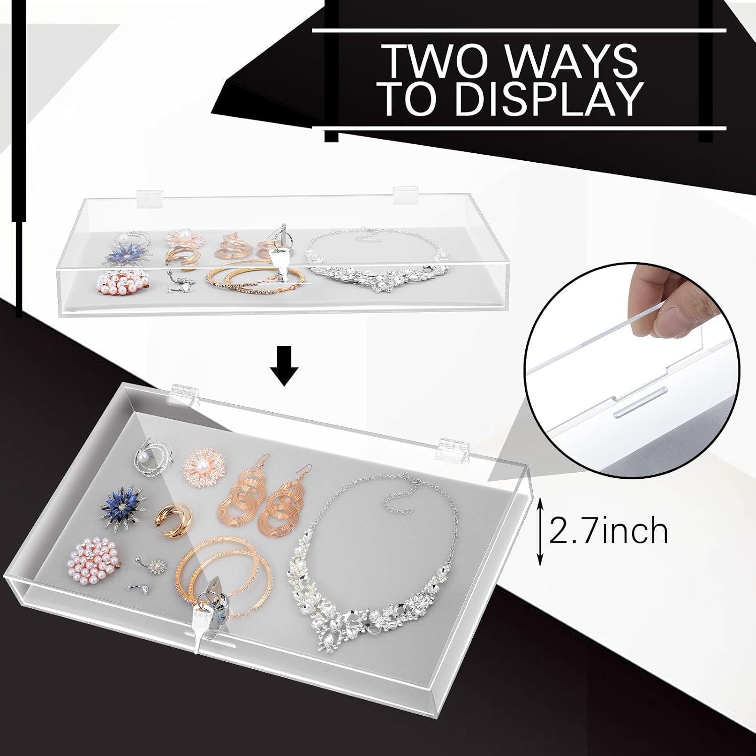 2 Pcs Acrylic Locking Jewelry Display Case Clear Ring Earring Necklace Bracelet Security Showcase with Lock and Key
