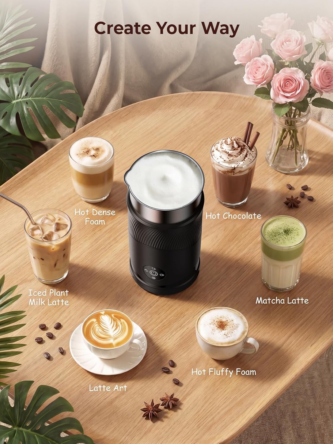 350ml Electric Milk Frother: 4-in-1 Hot & Cold - Grayish Black | 450W Milk Steamer With 180ml Foam, Under 55dB For