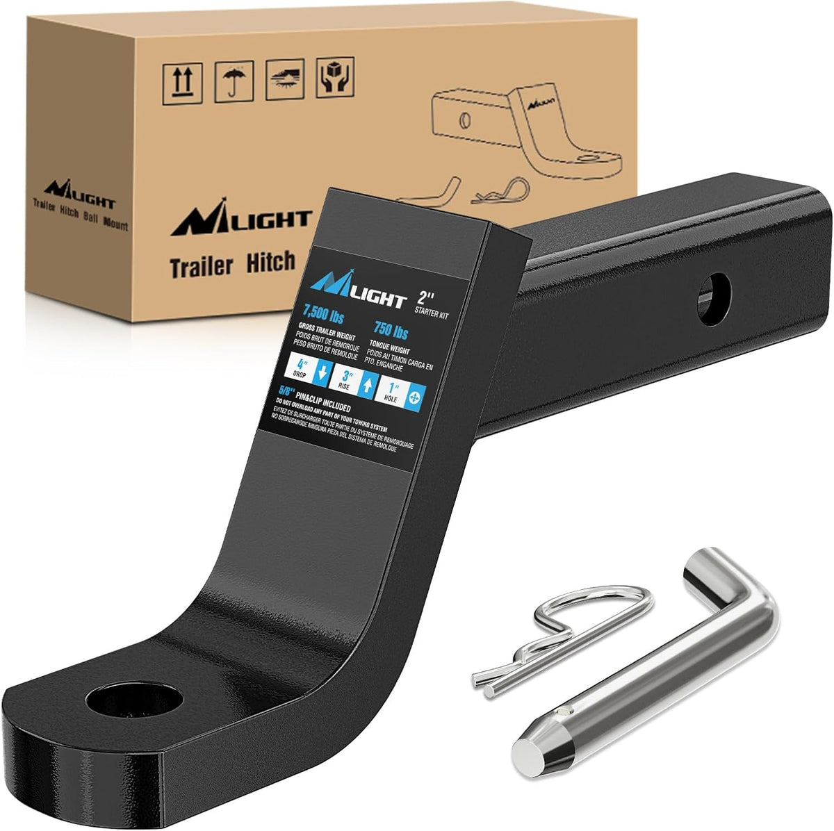 4-Inch Drop Trailer Hitch Ball Mount fit 2" Receiver w/Hitch Pin