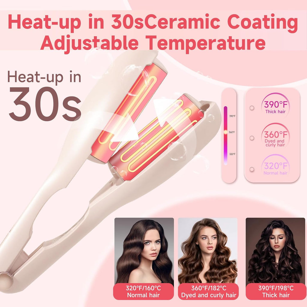 Hair Crimper Waver, 1.45" Dual Barrel S Waver for Beach Waves, Ceramic Curling Iron, Effortless Hair Waving Tool for