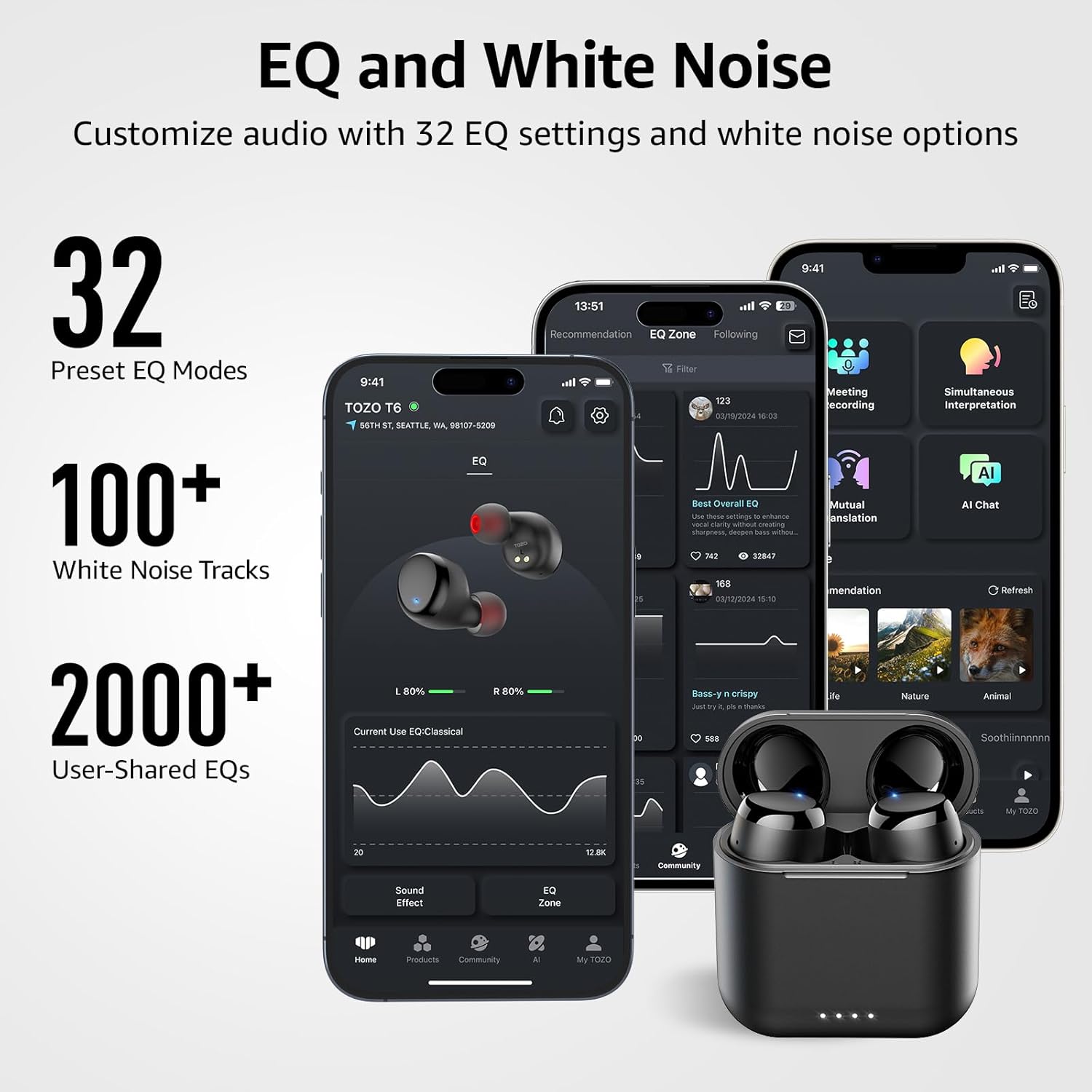 T6 Wireless Earbuds, Bluetooth Ear Buds, Stereo Sound in Ear Headphones, 50 Hours Playtime, AI Clear Call, Wireless