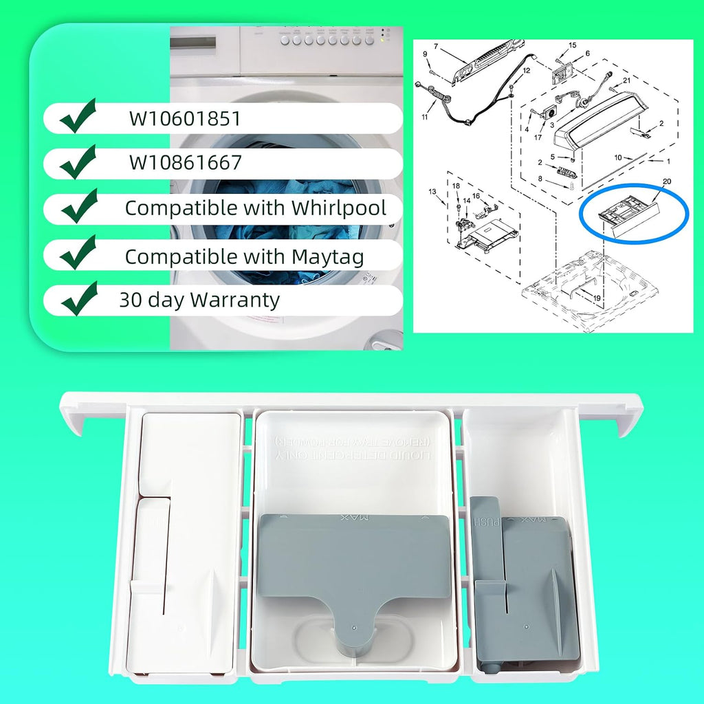 W10861667 W10794820 W10601851 Washer Dispenser Drawer Assembly Compatible with Whirlpool Maytag Washers Appliance Drawer Replacement Part, White
