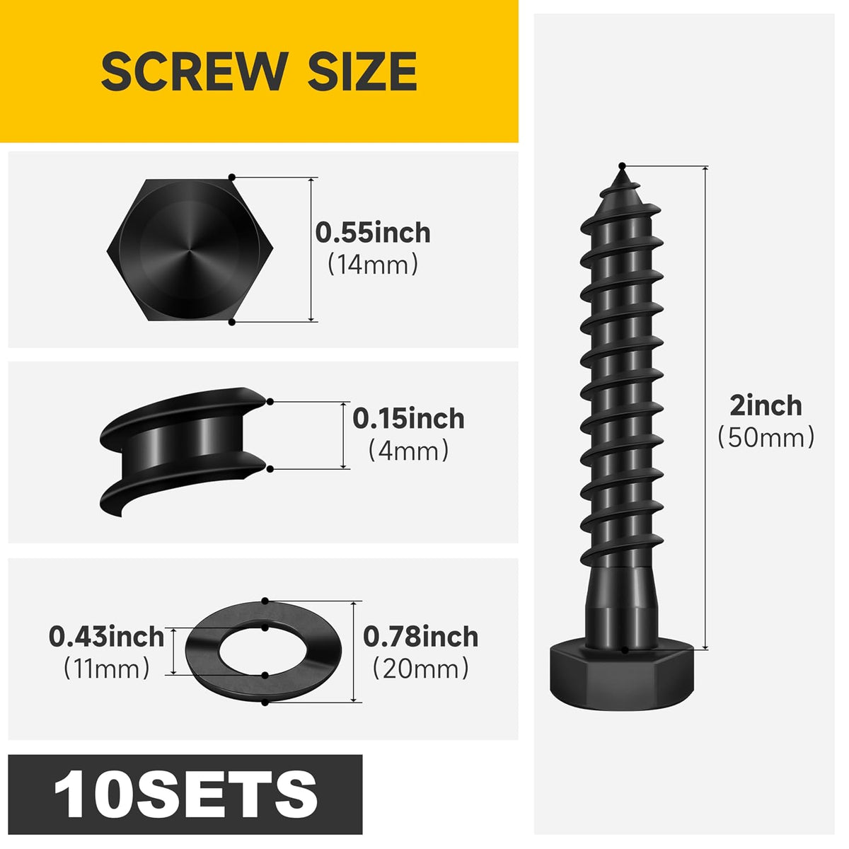 (50Sets) 3/8" x 2" Lag Bolts, 304 Stainless Steel 3/8 inch Lag Screws Bolts for Wood, Heavy Duty Hex Head with Flat