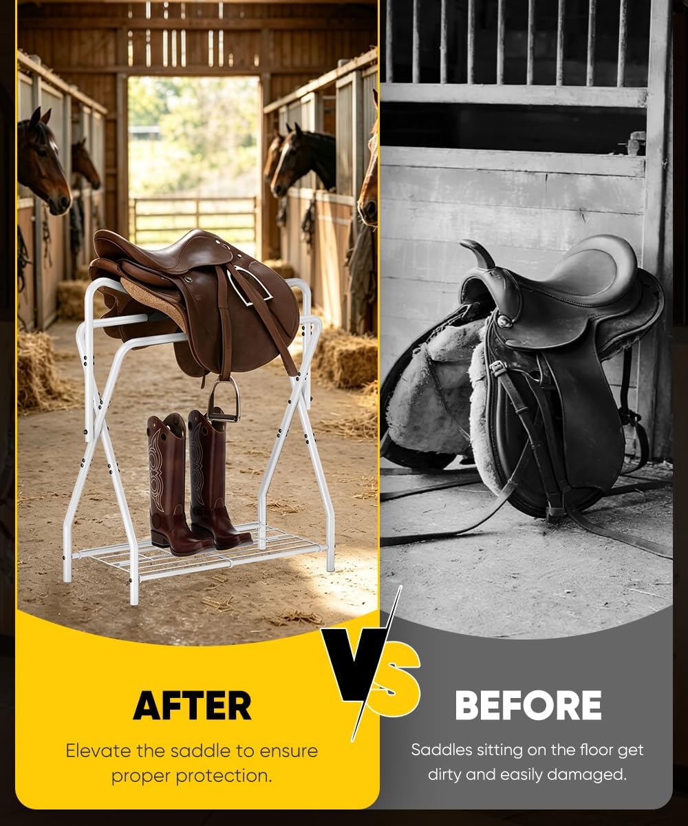 Horse Saddle Rack for English Saddle, Foldable Saddle Stand with Bottom Storage for Horse Tack, Saddle Pad Rack for