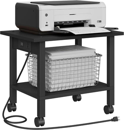 Printer Stand, 2 Tier Rolling Printer Cart with Charging Station | Small Under Desk Printer Table with Wheels for