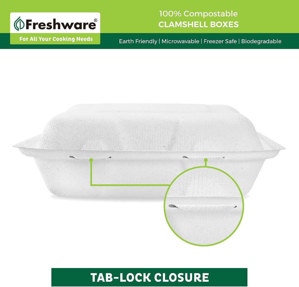 Compostable Clamshell Food Containers [9x6" 50-Pack] Disposable To Go Containers, Biodegradable Sugarcane To Go Boxes