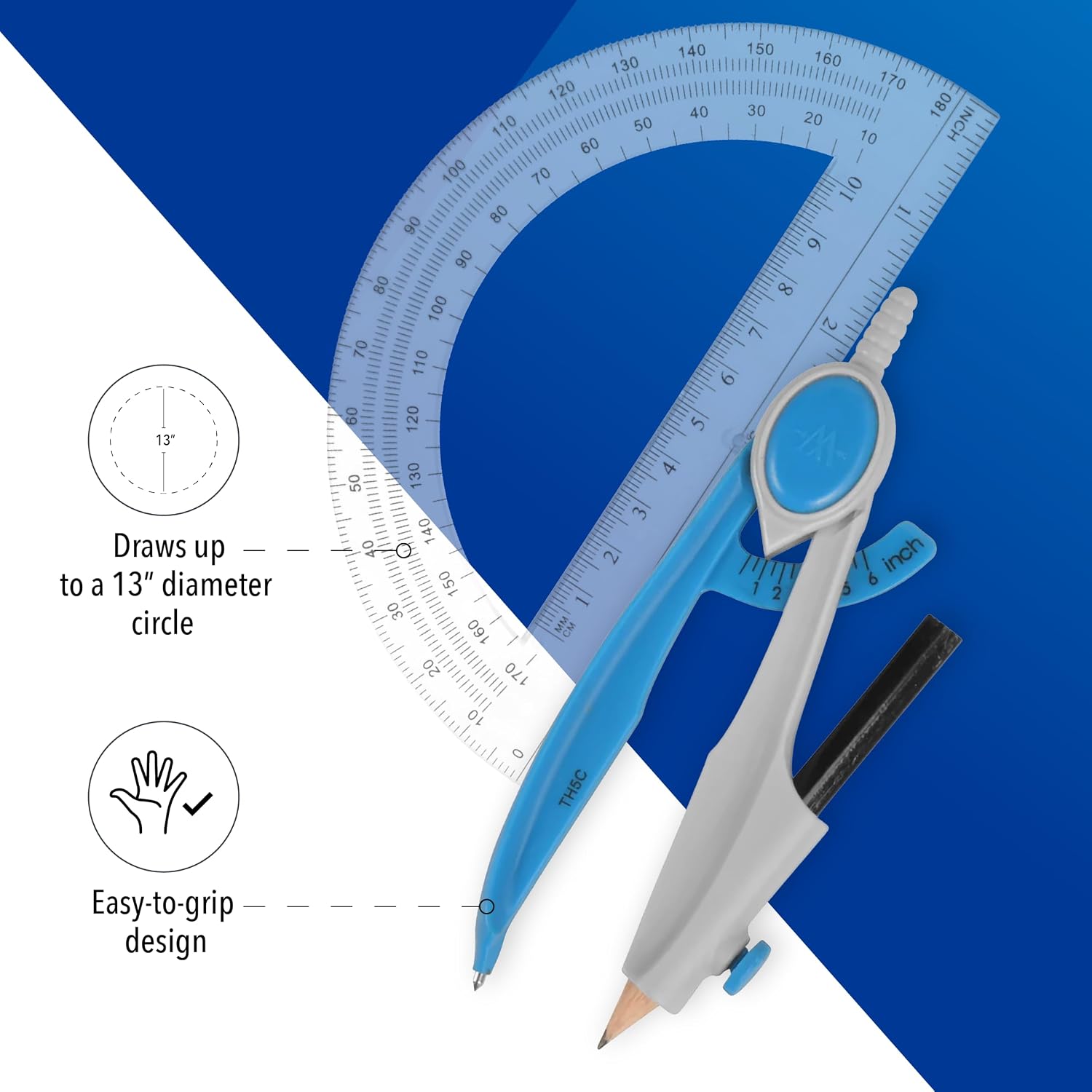 Compass and Protractor Math and Geometry Set, Essential School Supplies, Plastic Compass for Circles Up to 13-Inches