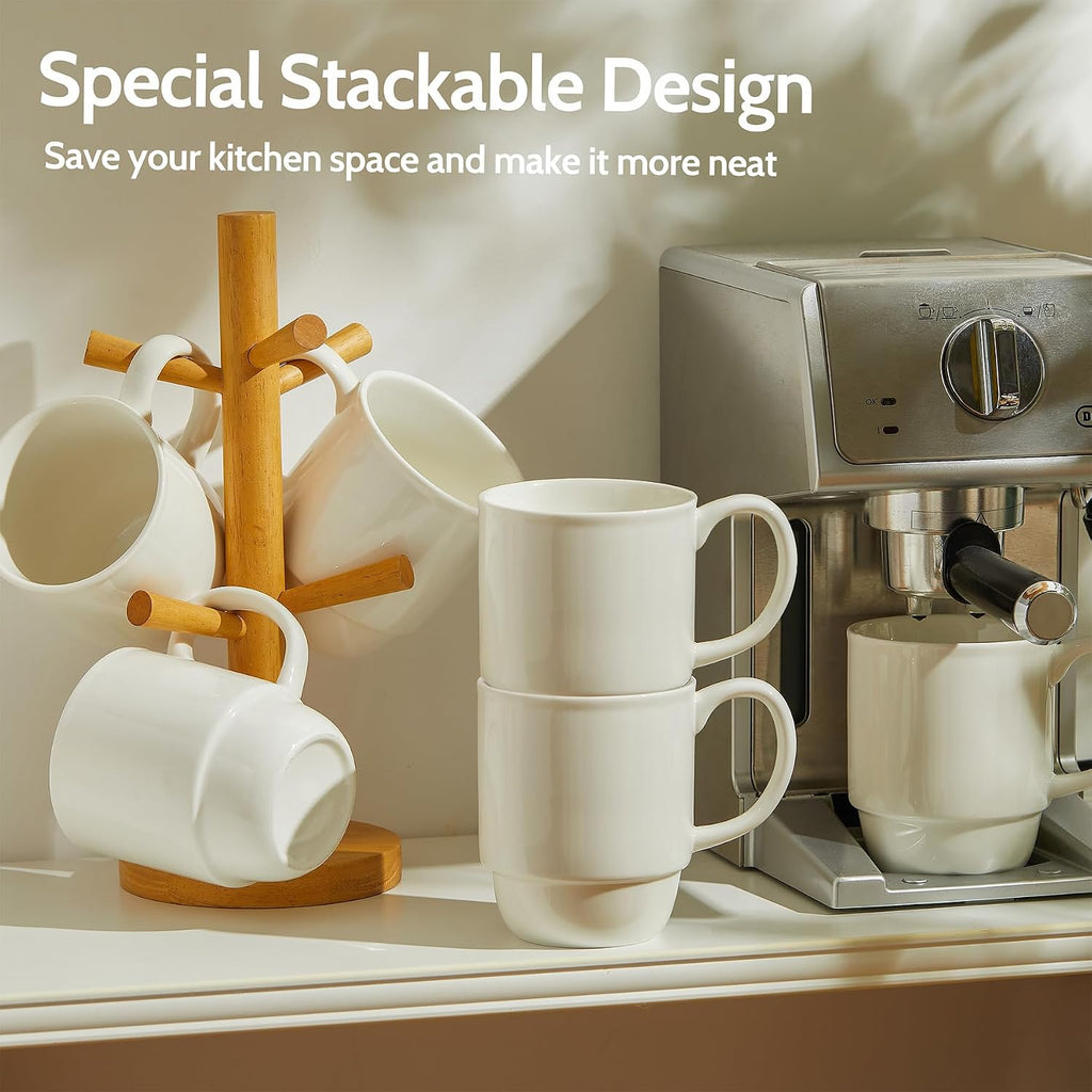21 Oz Large Mug Set, Porcelain Stackable Mugs Sets of 6, Coffee Cups with Handle for Coffee, Tea and Mulled Drinks