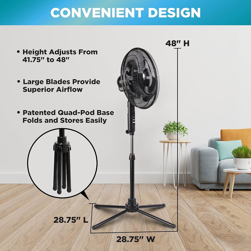 Comfort Zone Electric Oscillating Pedestal Fan, Stand Fan, 16 inch, 3 Speed, 90 Degree Oscillating Head, Adjustable