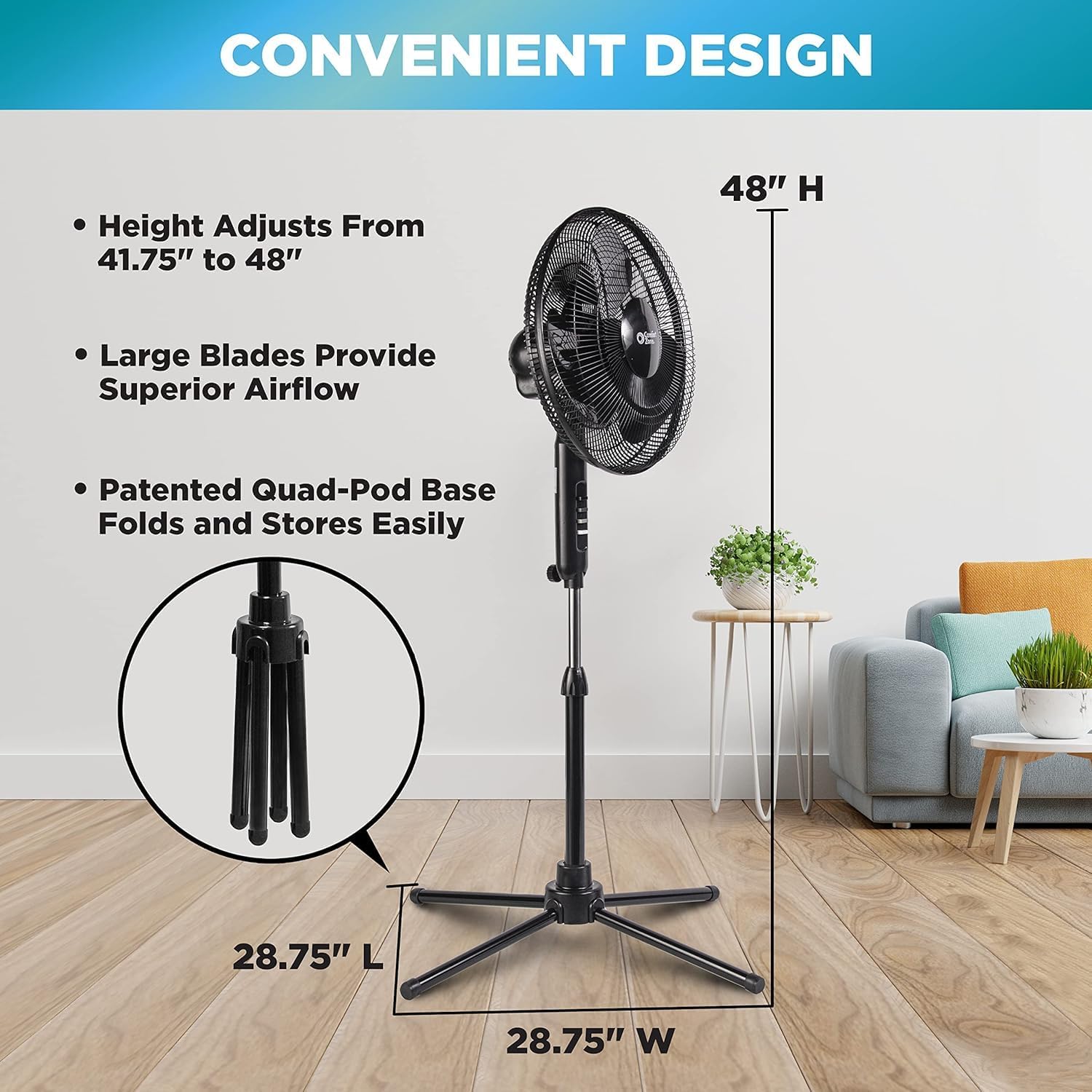 Comfort Zone Electric Oscillating Pedestal Fan, Stand Fan, 16 inch, 3 Speed, 90 Degree Oscillating Head, Adjustable