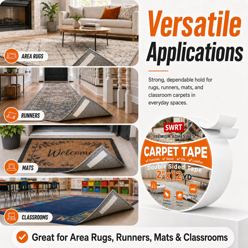 Double Sided Carpet Tape for Hardwood Floors & Area Rugs, 2" x 12YD