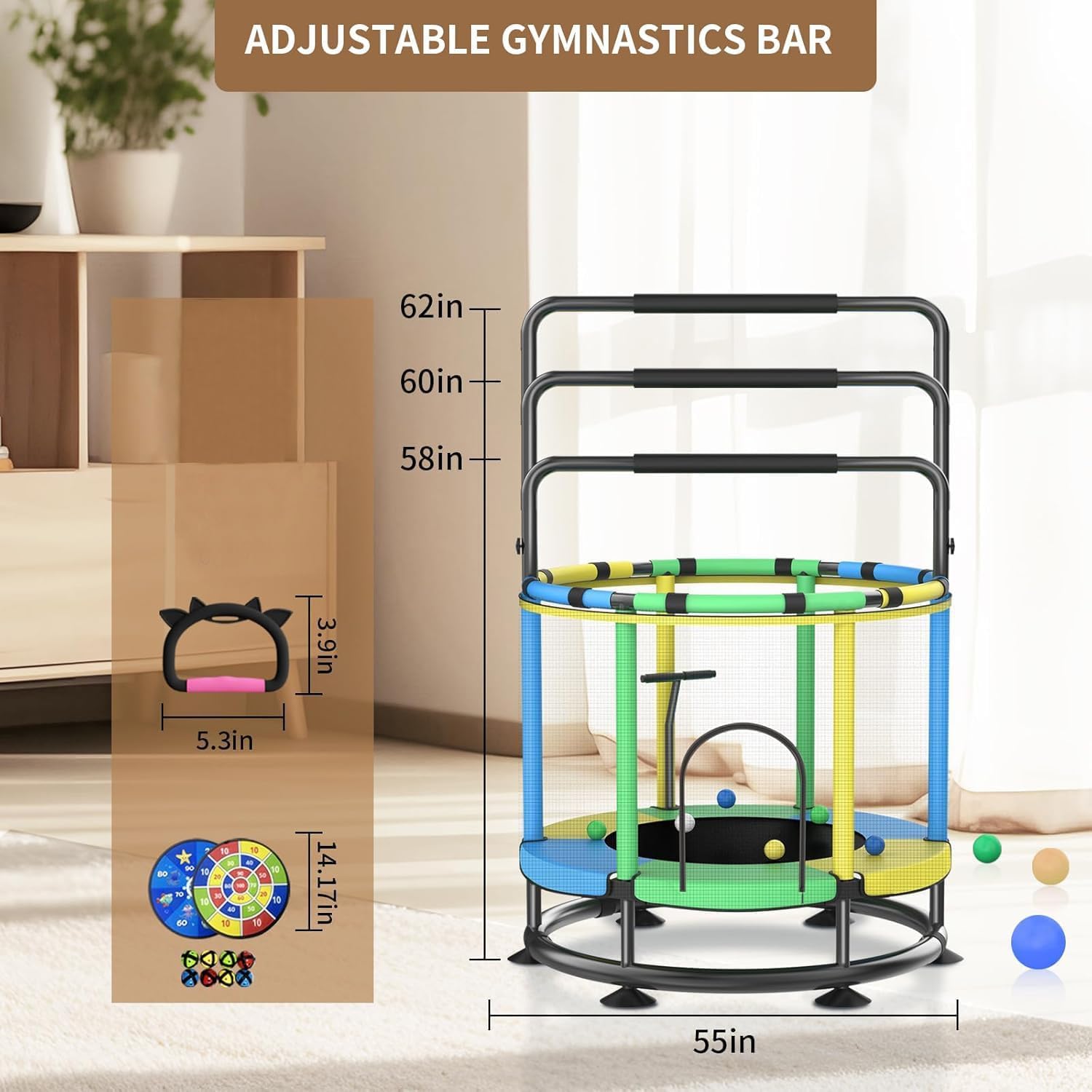 Trampoline for Kids, Full Anti-Rust 440lbs Anti-Rollover Round Bottom Toddler Trampoline, T-handrail Adjustable Baby