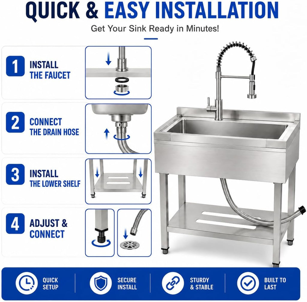 Utility Sink with Countertop and Drawer, Stainless Steel, Freestanding, Deep Single Bowl, Spring Pull-Down Faucet